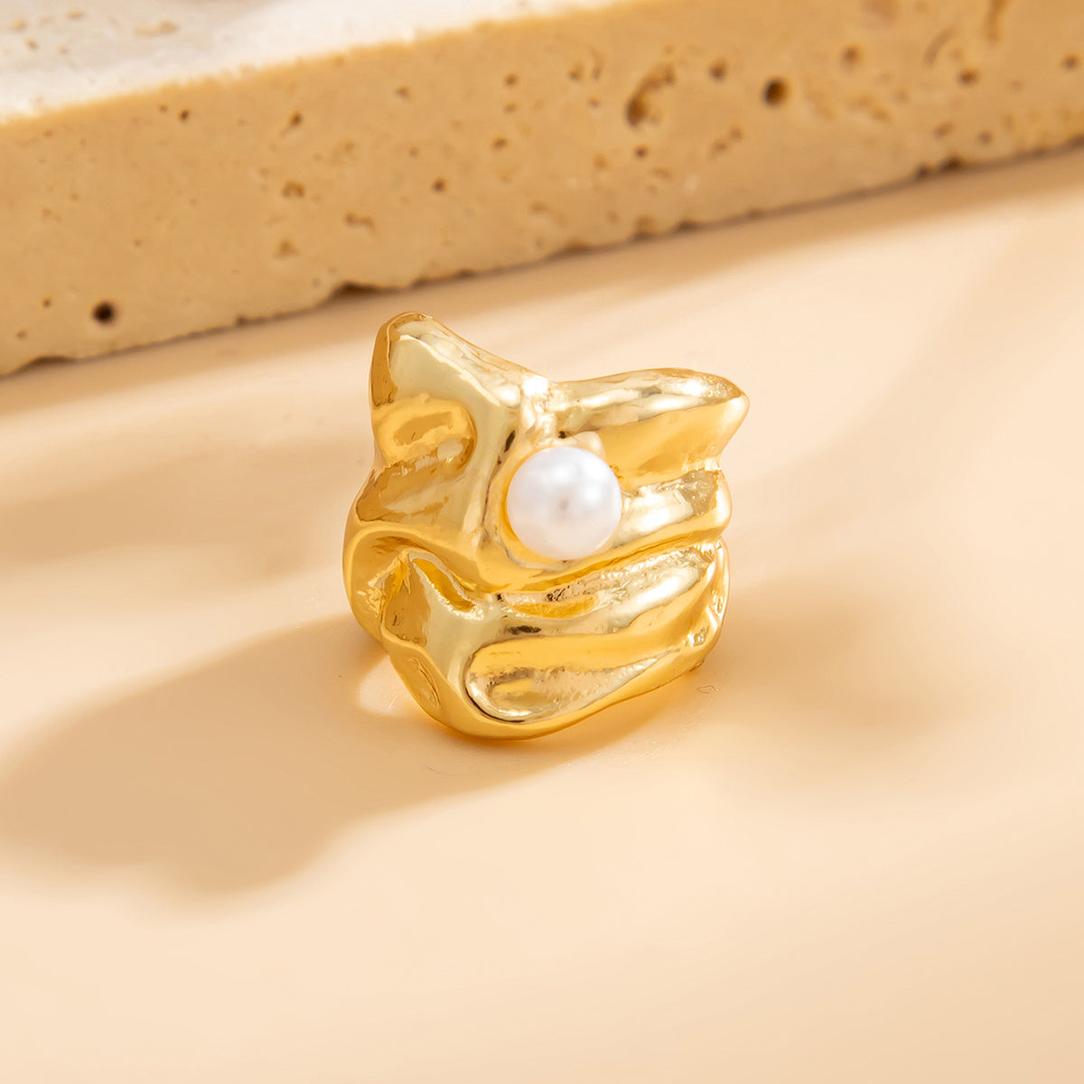 Pearl and Goldtone Wrinkled Ear Cuff, botanical inspired, detail close-up
