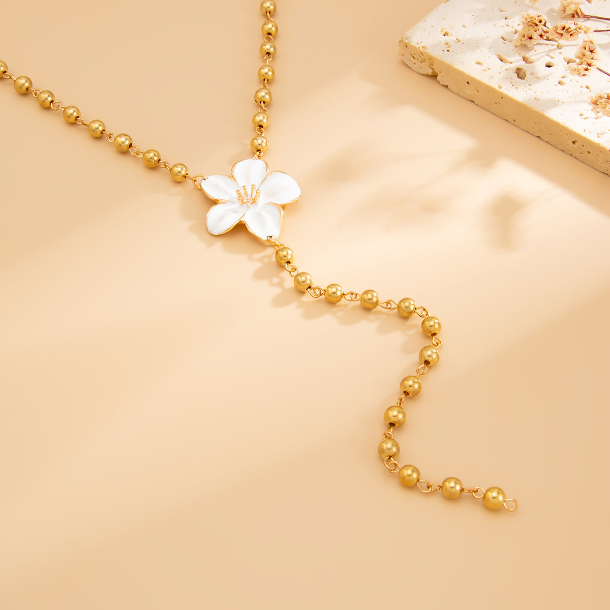 Enamel and Goldtone Beaded Chain Flower Y-Necklace, botanical inspired, side view