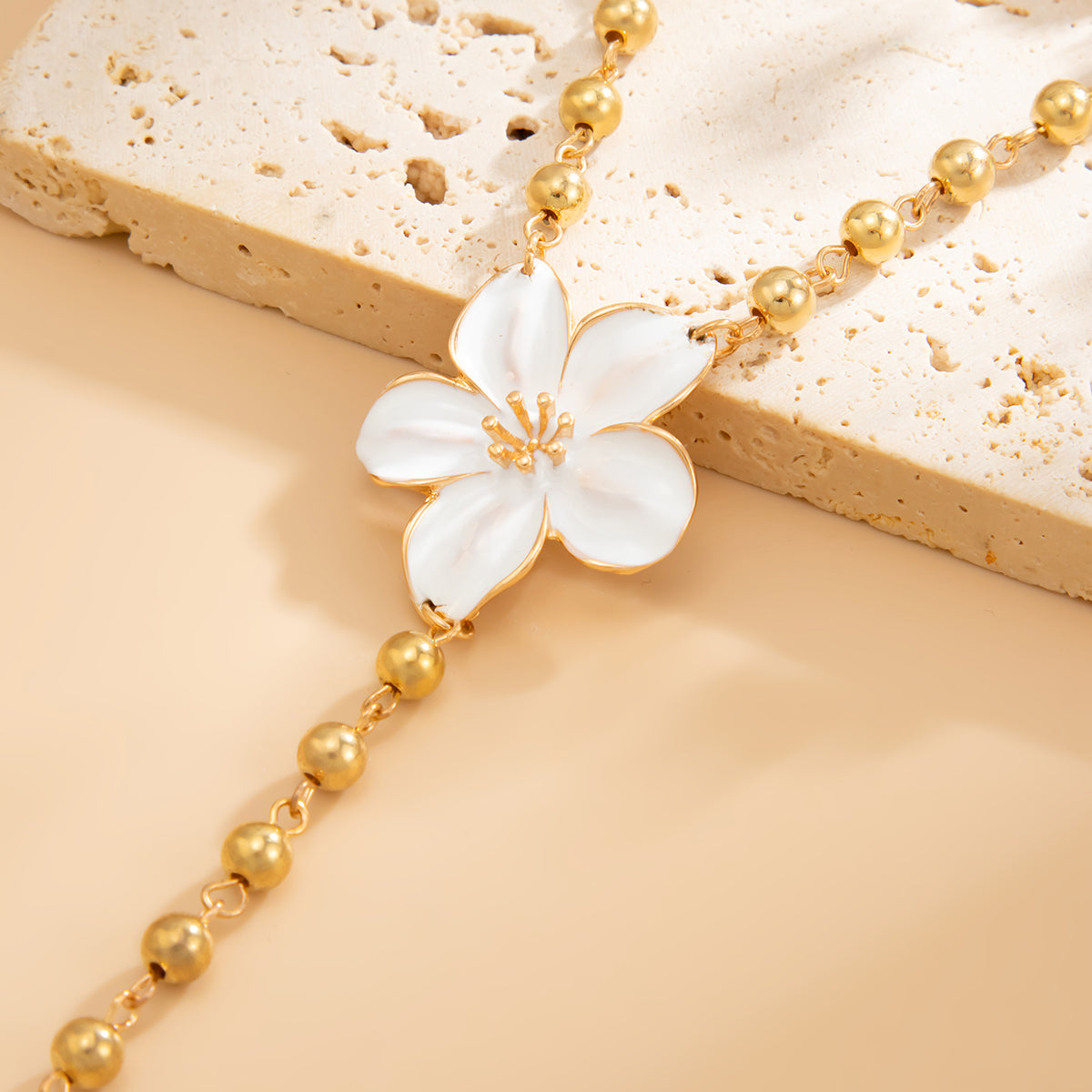 Enamel and Goldtone Beaded Chain Flower Y-Necklace, botanical inspired, detail close-up