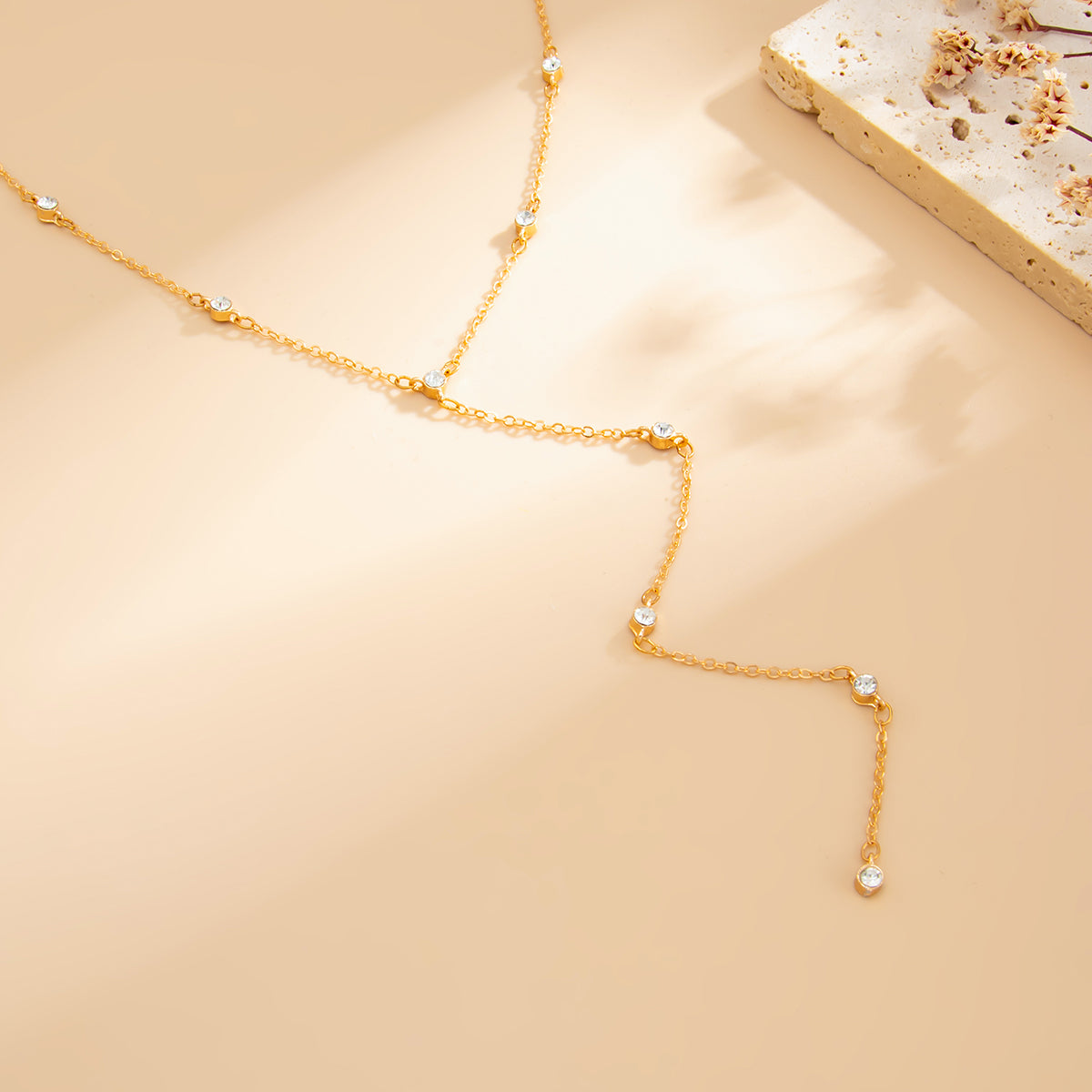 Cubic Zirconia and Goldtone Y-Necklace, elegant gift for her, side view