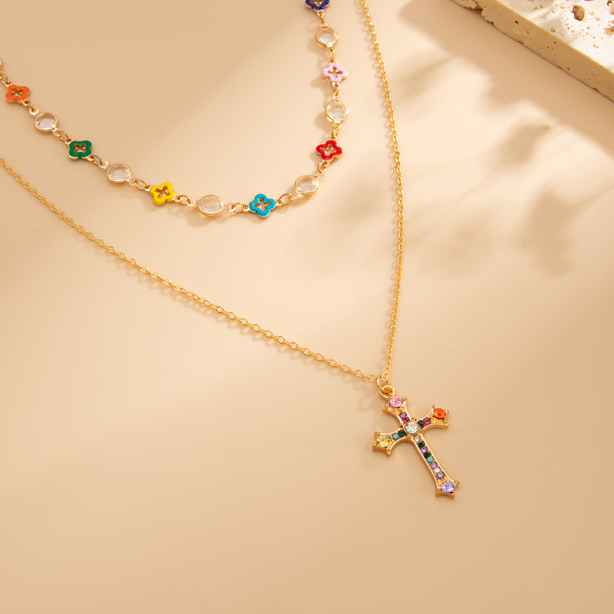 Multi-Colored Cubic Zirconia and Enamel Crystal Goldtone Flower Cross Pendant Necklace Set, gold pendant..., side view