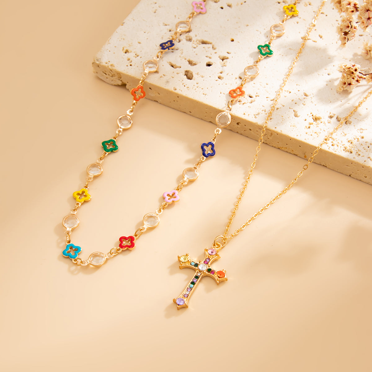 Multi-Colored Cubic Zirconia and Enamel Crystal Goldtone Flower Cross Pendant Necklace Set, gold pendant..., detail close-up