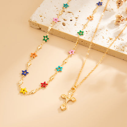 Multi-Colored Enamel and Goldtone Star Station Cross Pendant Necklace Set, gold pendant necklace for women, side view