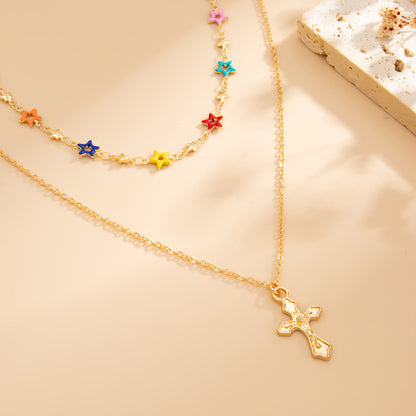 Multi-Colored Enamel and Goldtone Star Station Cross Pendant Necklace Set, gold pendant necklace for women, detail close-up