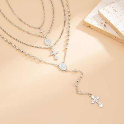 Silvertone Marry Oval Pendant Cross Drop Necklace Set, silver pendant necklace for women, everyday style, side view