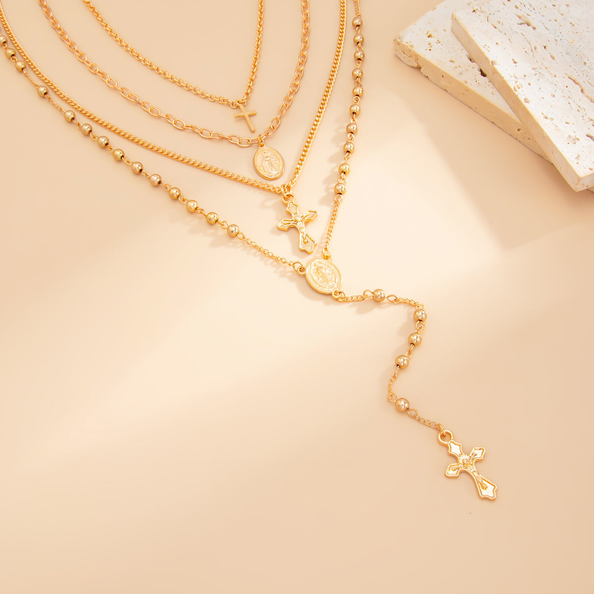 Goldtone Marry Oval Pendant Cross Drop Necklace Set, gold pendant necklace for women, dainty minimalist design, side view
