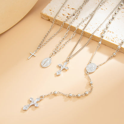 Silvertone Marry Oval Pendant Cross Drop Necklace Set, silver pendant necklace for women, everyday style, detail close-up