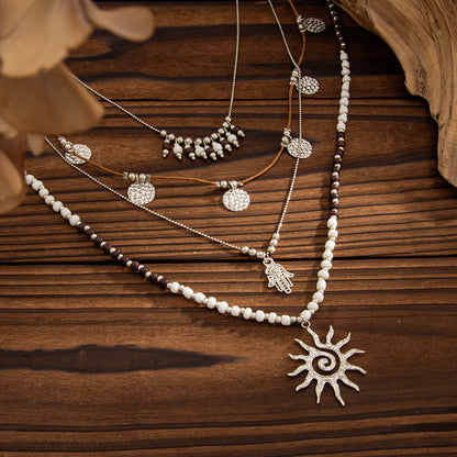 Black Howlite and Polyster Silvertone Hamsa Sun Pendant Necklace Set, silver pendant necklace for women, side view