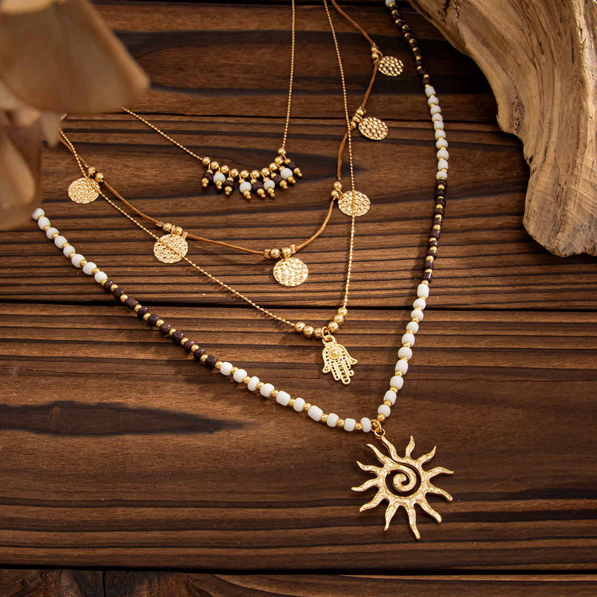 Black Howlite and Polyster Goldtone Hamsa Sun Pendant Necklace Set, gold pendant necklace for women, side view