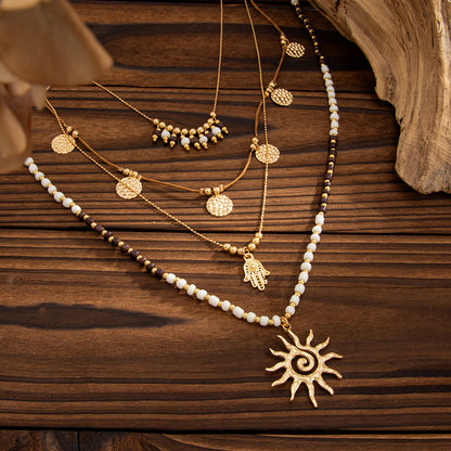 Black Howlite and Polyster Goldtone Hamsa Sun Pendant Necklace Set, gold pendant necklace for women, side view
