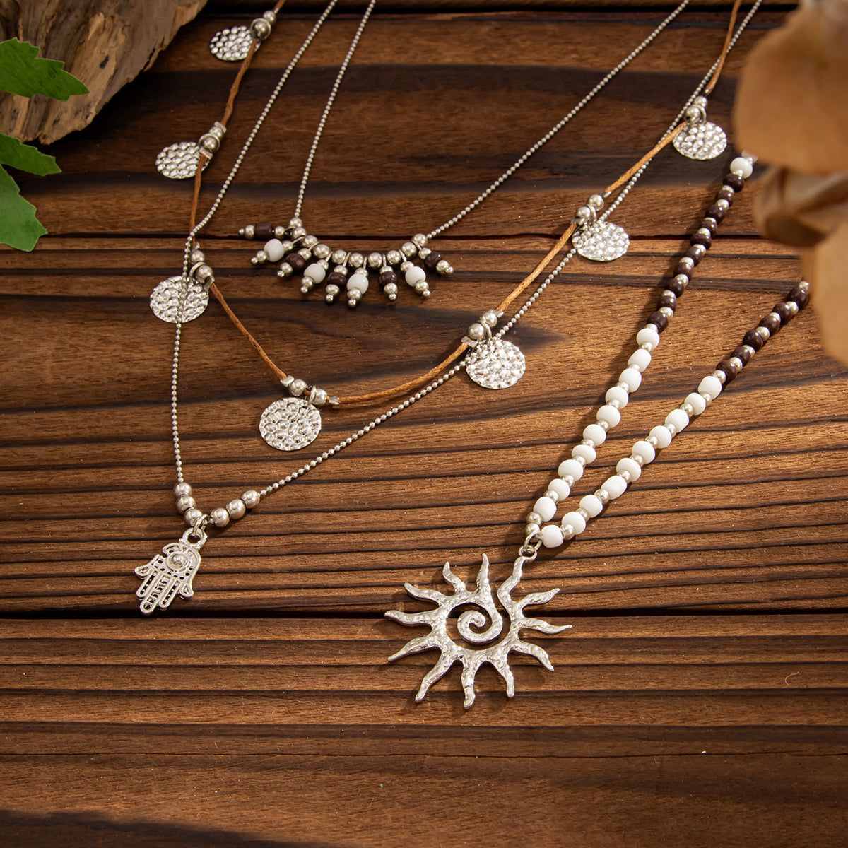 Black Howlite and Polyster Silvertone Hamsa Sun Pendant Necklace Set, silver pendant necklace for women, detail close-up