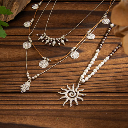 Black Howlite and Polyster Silvertone Hamsa Sun Pendant Necklace Set, silver pendant necklace for women, detail close-up
