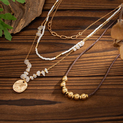 Pink Quartz and Howlite Polyster Goldtone Beads Chain Coin Pendant Necklace Set, gold pendant necklace for women, side view