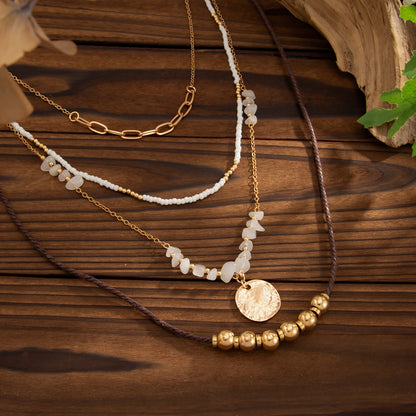 Pink Quartz and Howlite Polyster Goldtone Beads Chain Coin Pendant Necklace Set, gold pendant necklace..., detail close-up