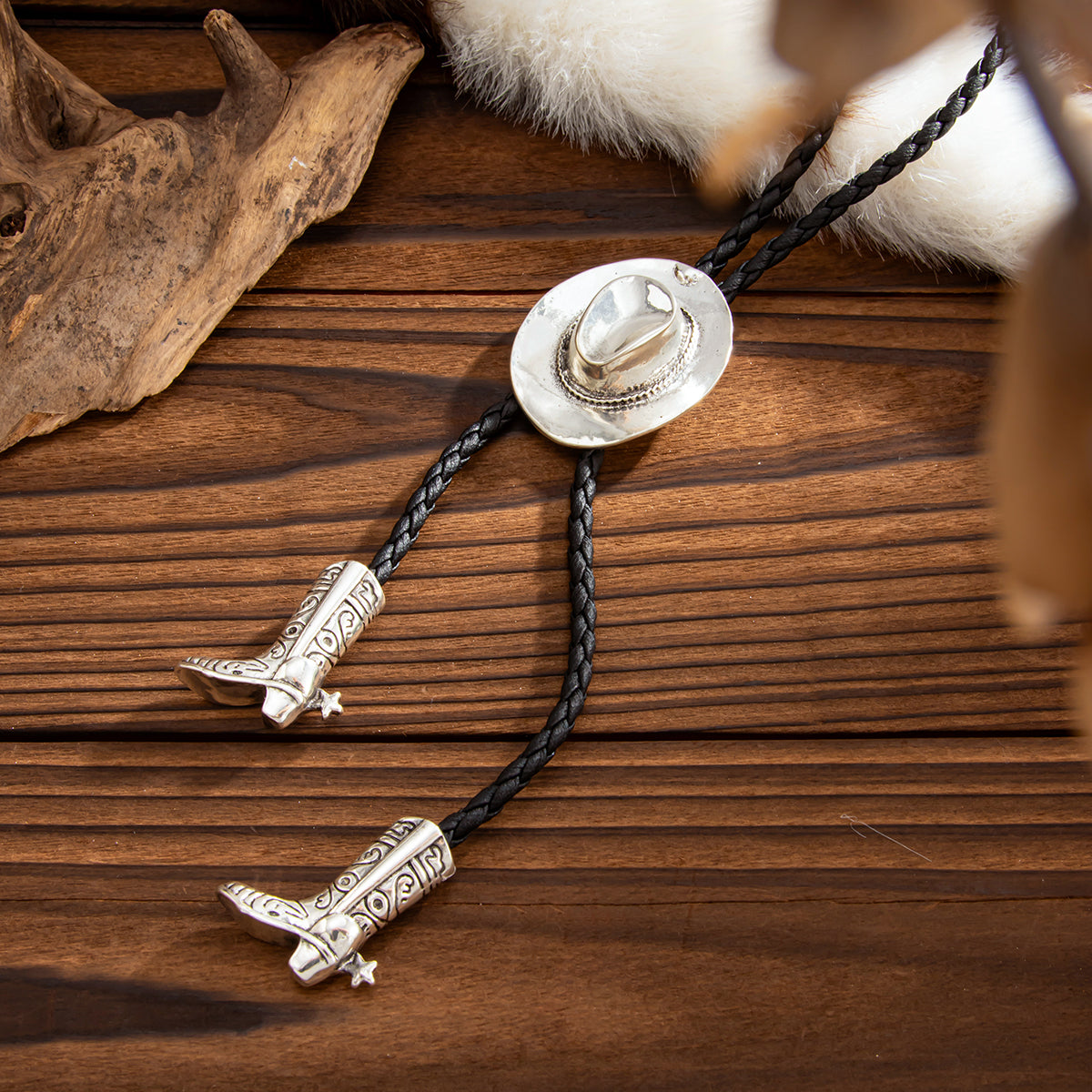 Black Polyster and Silvertone Cowgirl Hat Boot Lariat Necklace, everyday style, side view