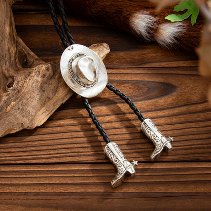 Black Polyster and Silvertone Cowgirl Hat Boot Lariat Necklace, everyday style, detail close-up