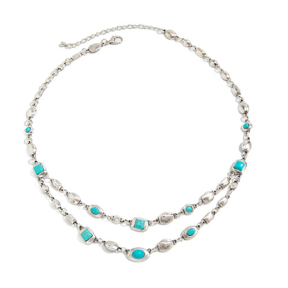Turqouise and Silvertone Geometric Station Layered Necklace, vintage-inspired design, front view