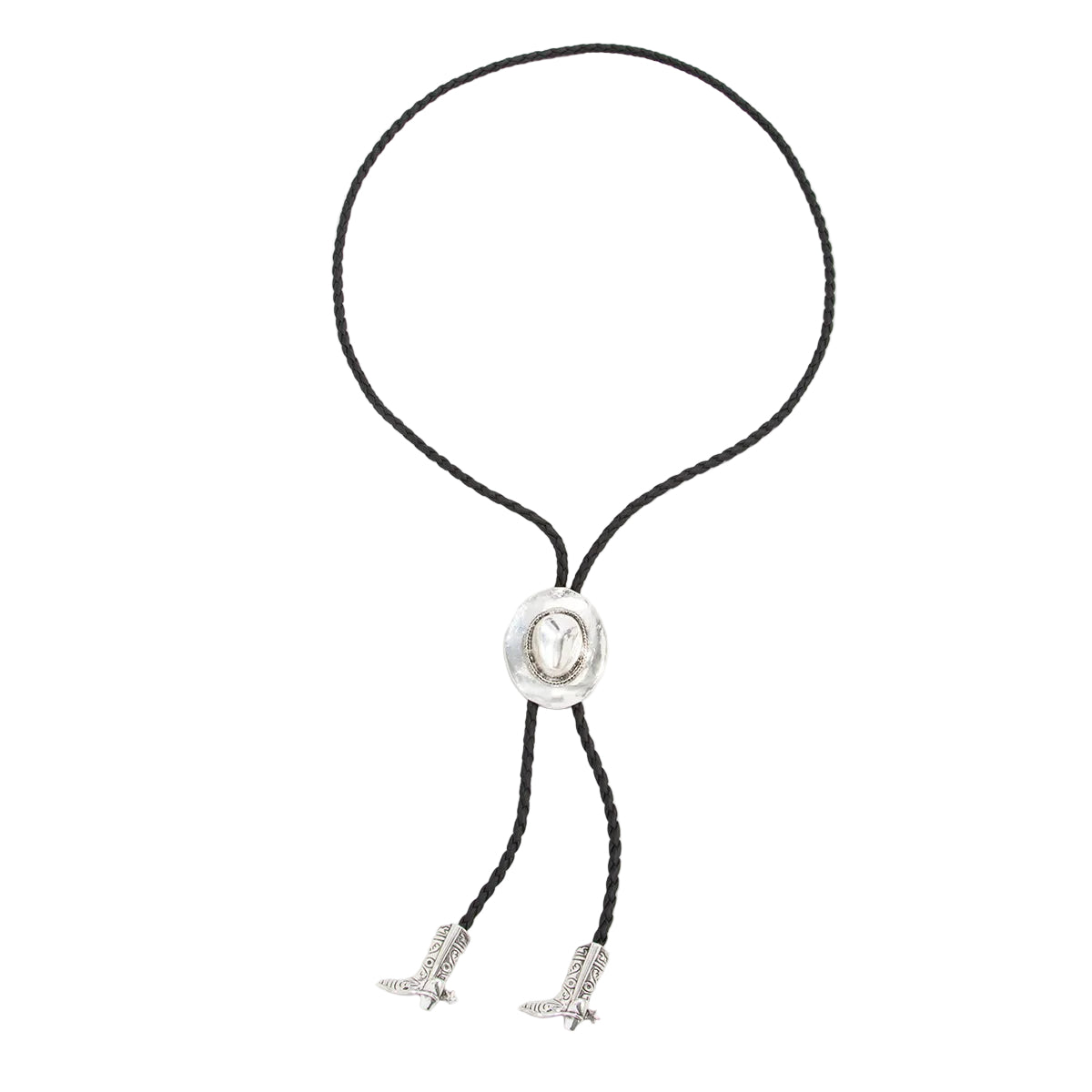 Black Polyster and Silvertone Cowgirl Hat Boot Lariat Necklace, everyday style, front view