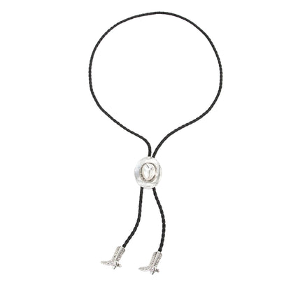 Black Polyster and Silvertone Cowgirl Hat Boot Lariat Necklace, everyday style, front view