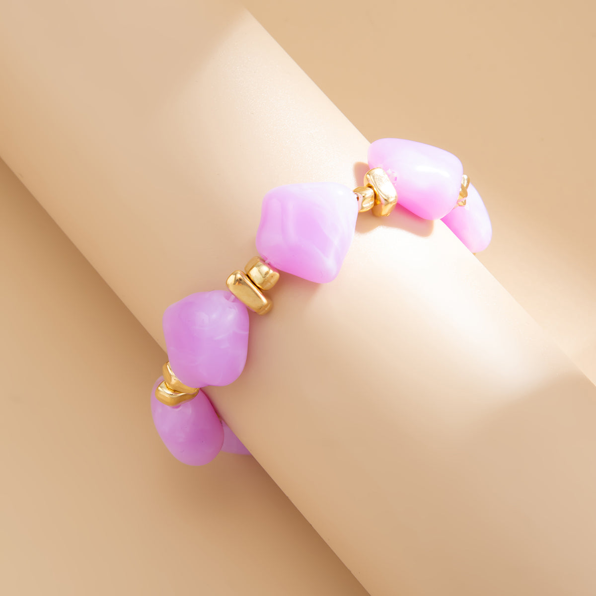 Purple Resin and Goldtone Beads Rhombus Station Stretch Bracelet, dainty minimalist design, side view