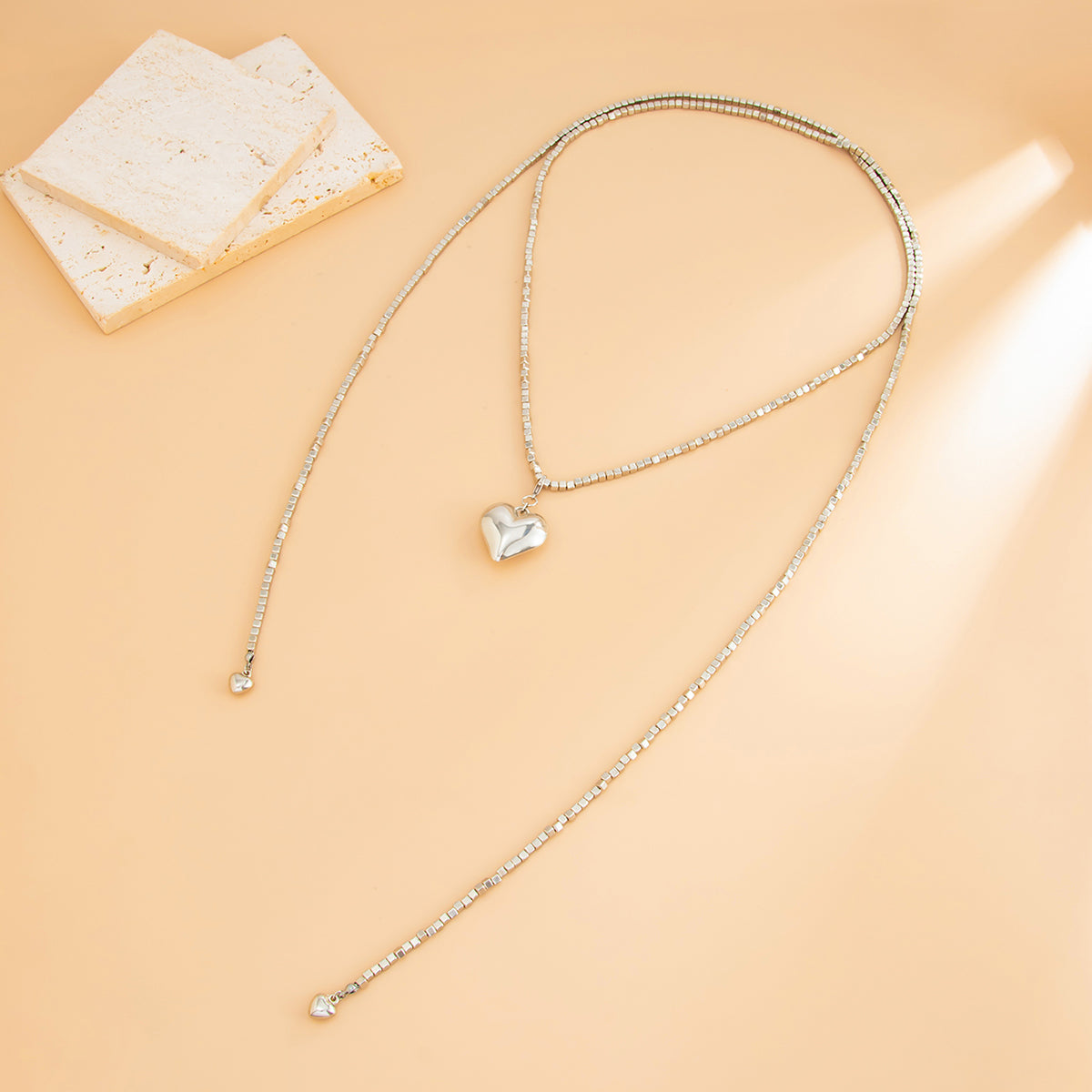 Silvertone Bead Chain Big Heart Pendant Toggle Necklace, everyday style, side view