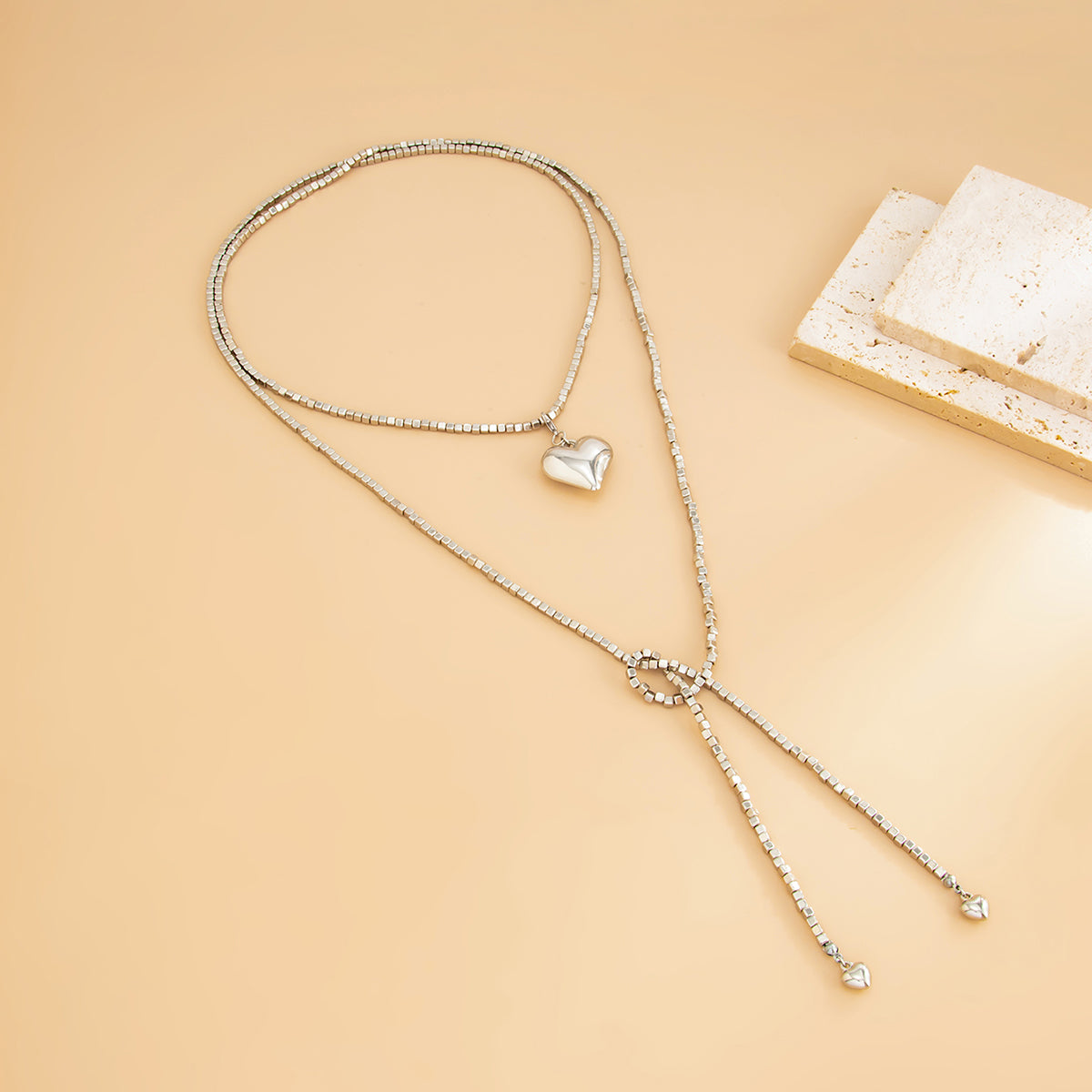 Silvertone Bead Chain Big Heart Pendant Toggle Necklace, everyday style, detail close-up