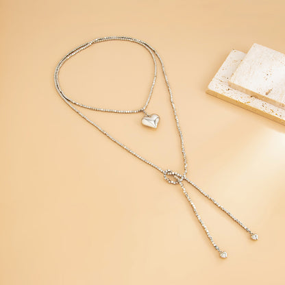 Silvertone Bead Chain Big Heart Pendant Toggle Necklace, everyday style, detail close-up