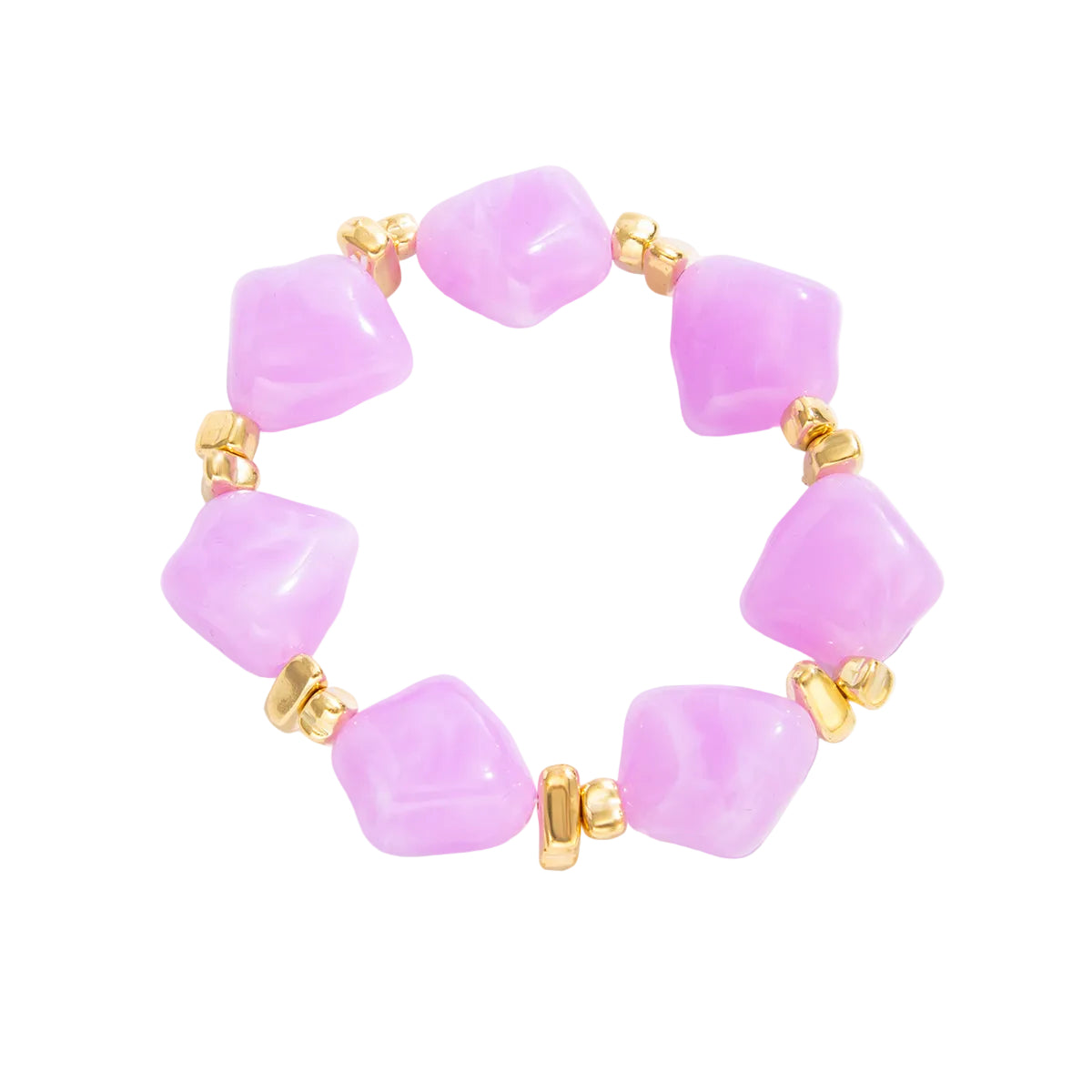 Purple Resin and Goldtone Beads Rhombus Station Stretch Bracelet, dainty minimalist design, front view
