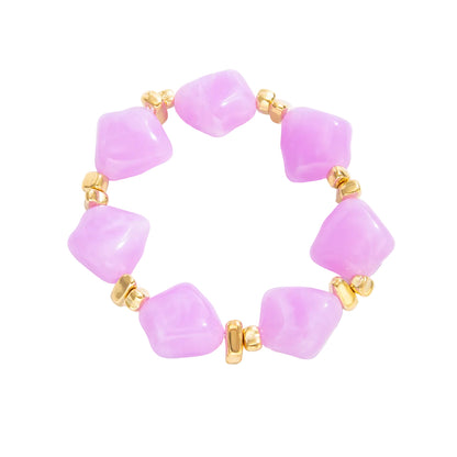Purple Resin and Goldtone Beads Rhombus Station Stretch Bracelet, dainty minimalist design, front view