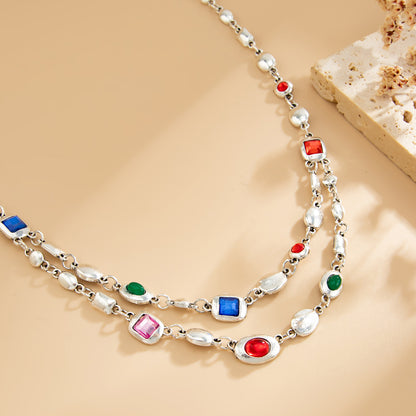 Multi-Colored Crystal and Silvertone Geometric Station Layered Necklace, vintage-inspired design, side view