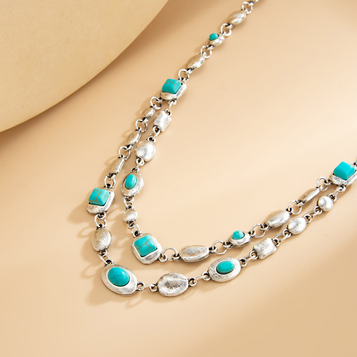 Turqouise and Silvertone Geometric Station Layered Necklace, vintage-inspired design, detail close-up