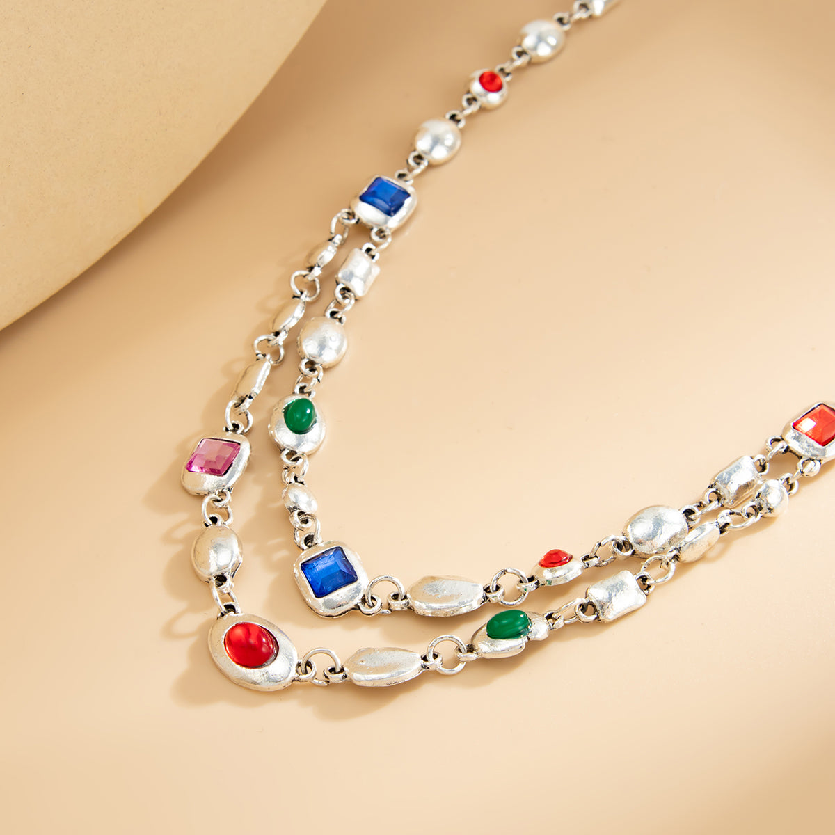 Multi-Colored Crystal and Silvertone Geometric Station Layered Necklace, vintage-inspired design, detail close-up