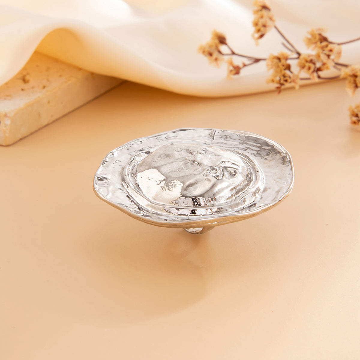 Silvertone Hammered Hat Statement Open Ring, everyday style, detail close-up