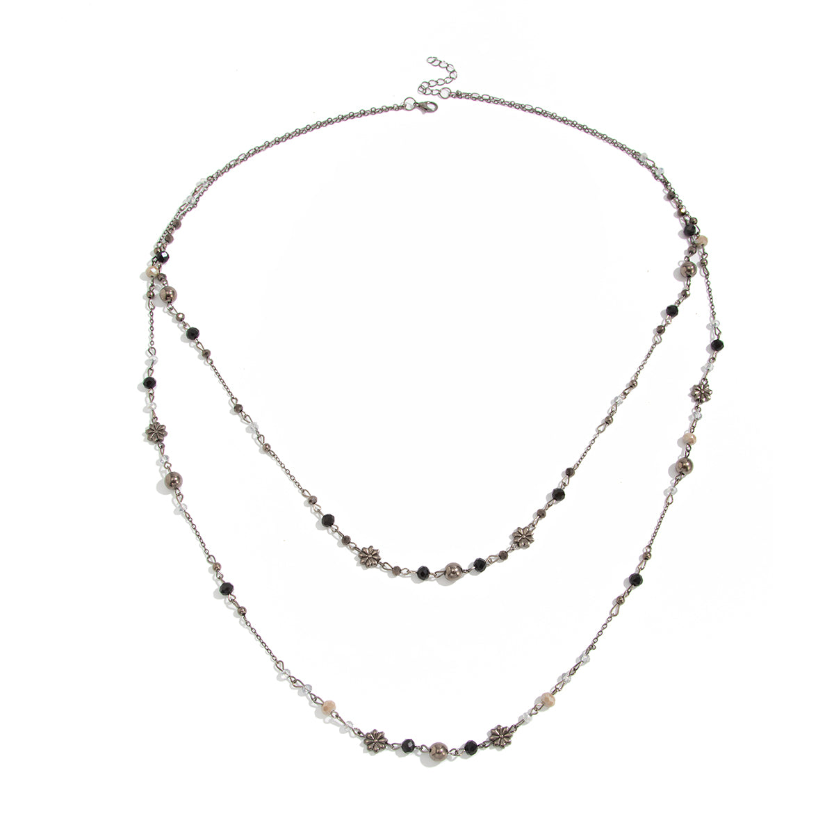 Acrylic and Blacktone Beaded Chain Flower Station Layered Necklace, elegant gift for her, front view