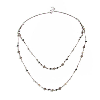 Acrylic and Blacktone Beaded Chain Flower Station Layered Necklace, elegant gift for her, front view