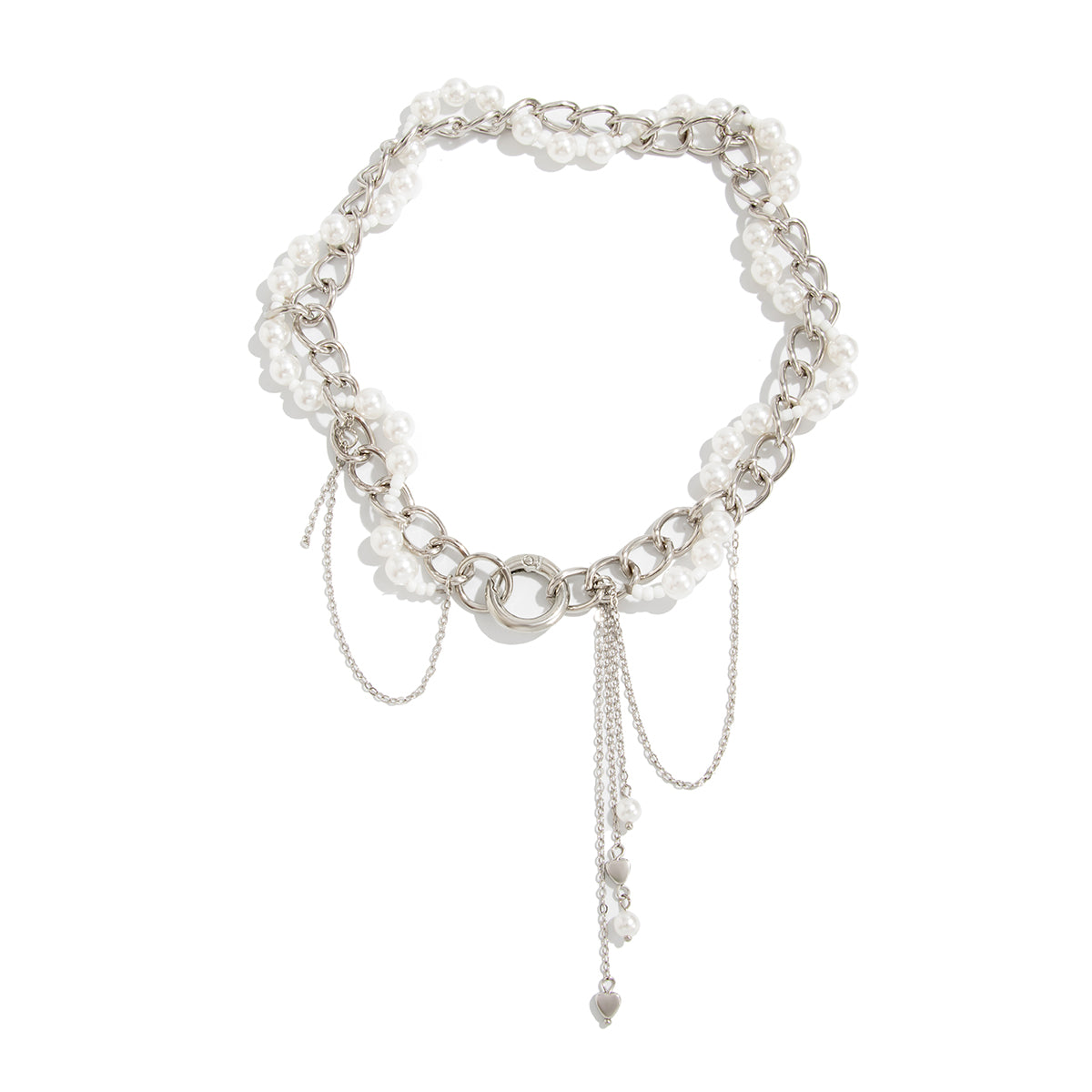 Pearl and Acrylic Silvertone Heart Drop Tassel Necklace, dainty minimalist design, front view