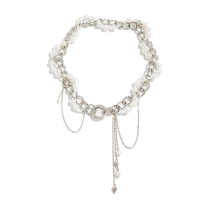 Pearl and Acrylic Silvertone Heart Drop Tassel Necklace, dainty minimalist design, front view