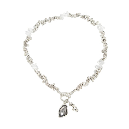 Crystal and Clear Resin Silvertone Bead Chain Toggle Pendant Necklace, vintage-inspired design, front view