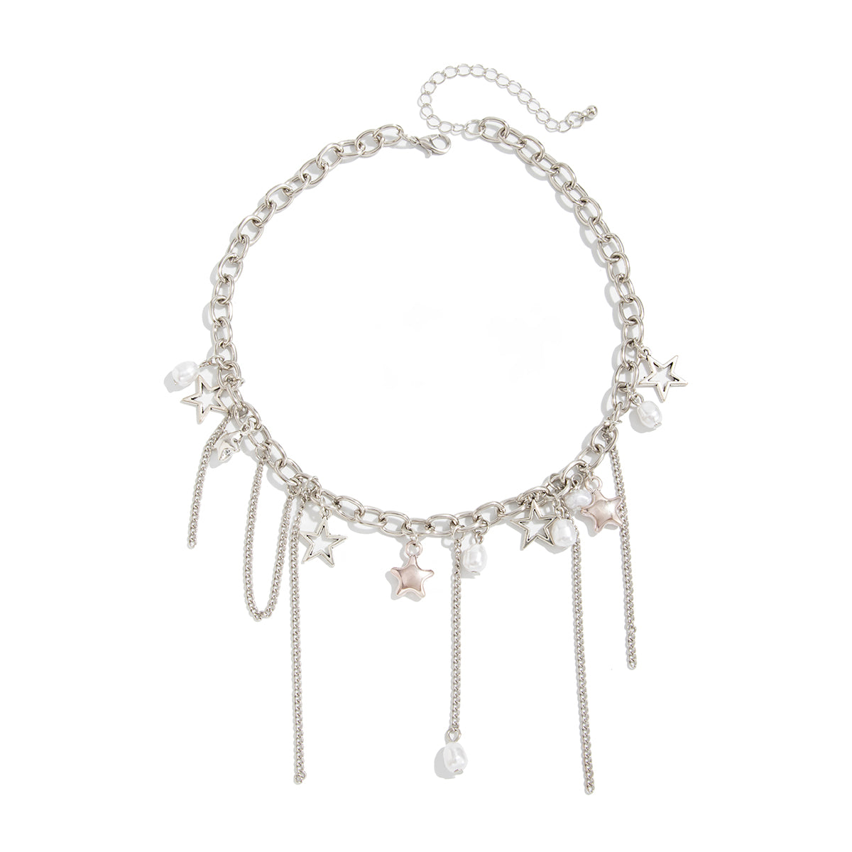 Pearl and Silvertone Star Tassel Collar Necklace, dainty minimalist design, front view