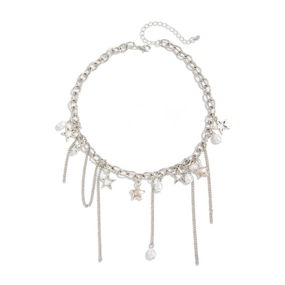 Pearl and Silvertone Star Tassel Collar Necklace, dainty minimalist design, front view