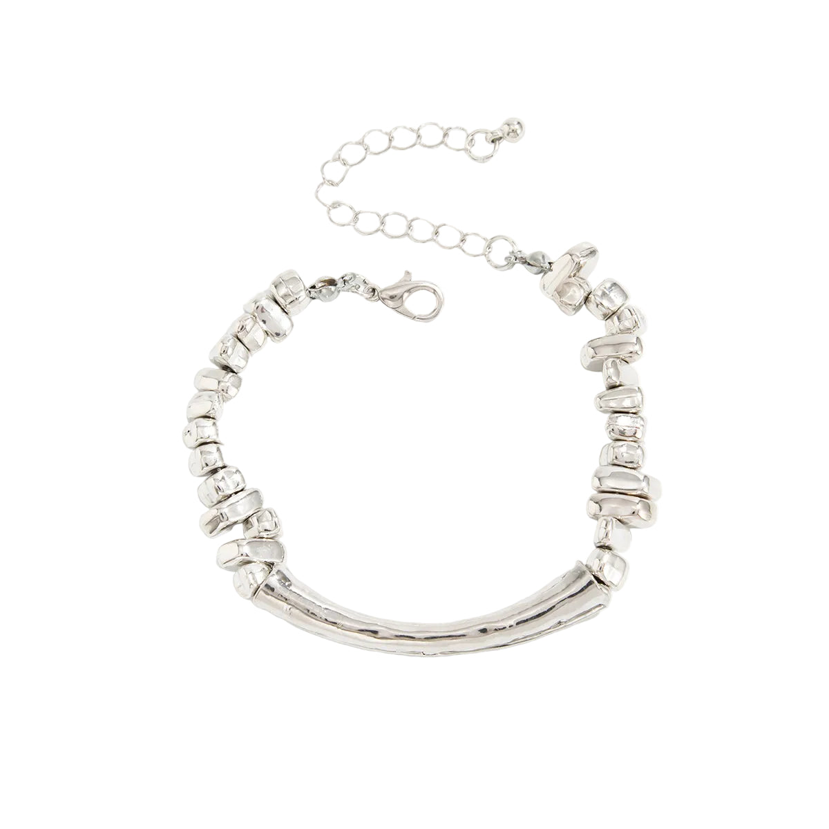 Silvertone Curved Bar Irregular Beads Chain Bracelet, silver bracelet for women, everyday style, front view