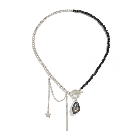 Black Acrylic and Crystal Silvertone Beaded Chain Star Bar Tassel Necklace, elegant gift for her, front view