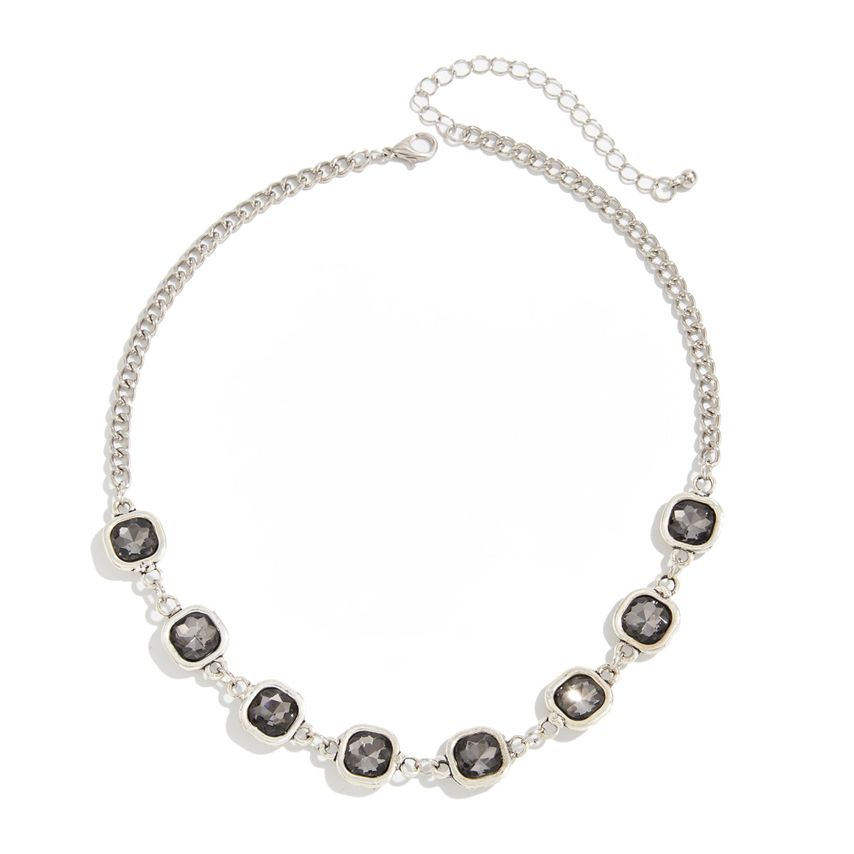 Crystal and Silvertone Square Station Collar Necklace, elegant gift for her, front view
