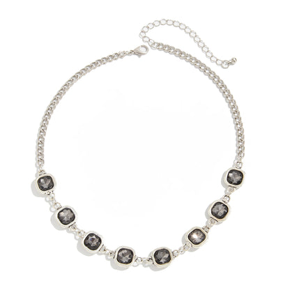 Crystal and Silvertone Square Station Collar Necklace, elegant gift for her, front view