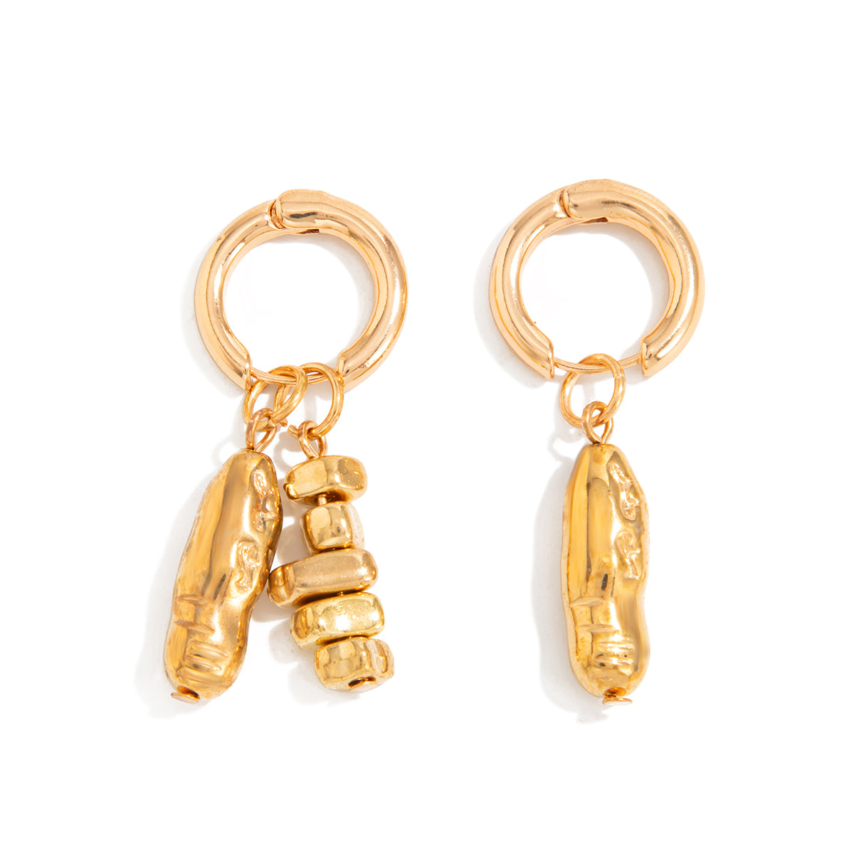 Goldtone Irregular Cylinder Beads Mismatching Huggie Earrings