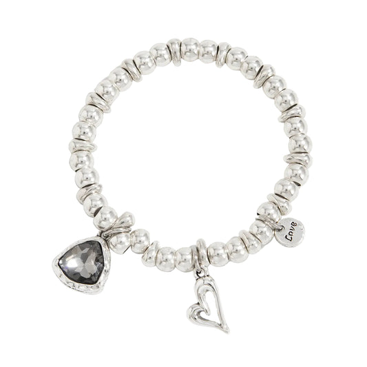 Crystal and Silvertone Open Heart Charm Stretch Bracelet, silver bracelet for women, vintage-inspired design, front view