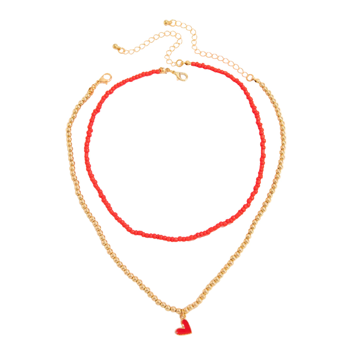 Red Howlite & Enamel Goldtone Beads Chain Heart Pendant Necklace Set