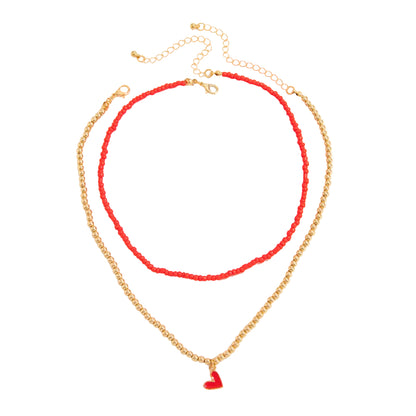 Red Howlite & Enamel Goldtone Beads Chain Heart Pendant Necklace Set