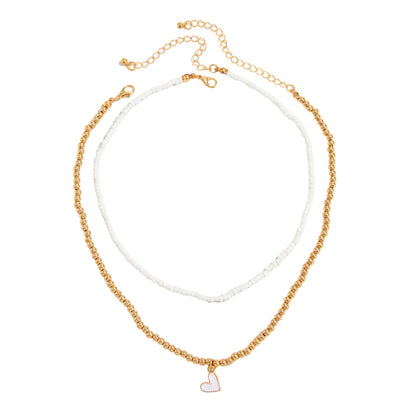 White Howlite & Enamel Goldtone Beads Chain Heart Pendant Necklace Set