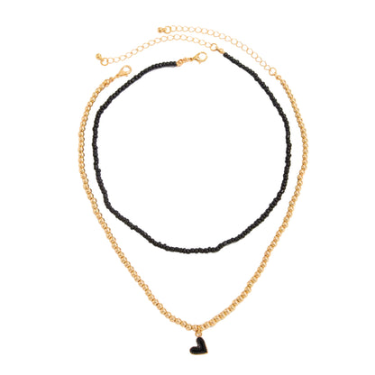 Black Howlite & Enamel Goldtone Beads Chain Heart Pendant Necklace Set